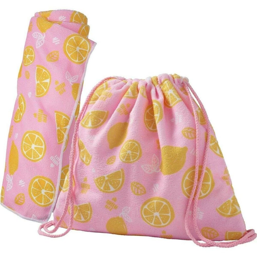 Towel And Beach Bag Set Pink With Lemon Print